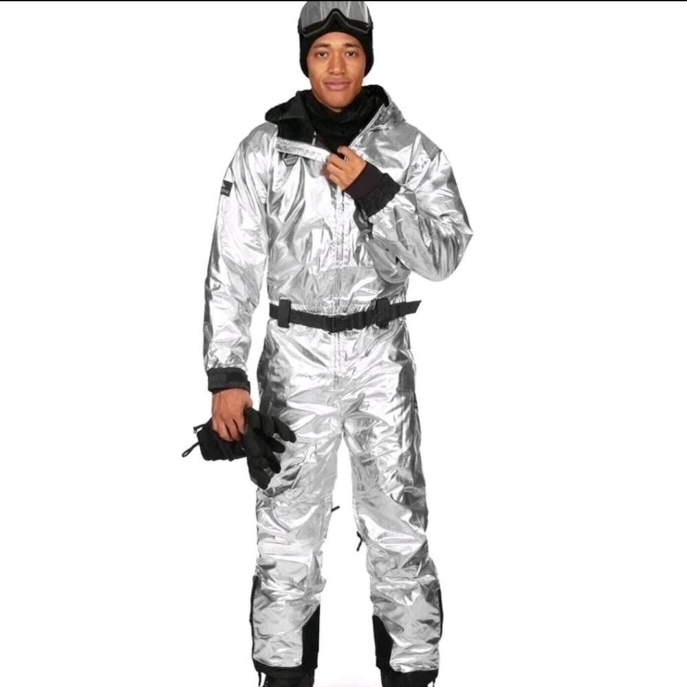 NWT! Tipsy Elves,Men's Silver Bullet Snow Suit,Metallic Silver, Size M, MSRP$300